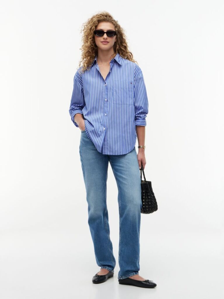 Multi Camasa Din Poplin Cu Croiala Oversized Dungi Si Tiv Shirttail  Femei