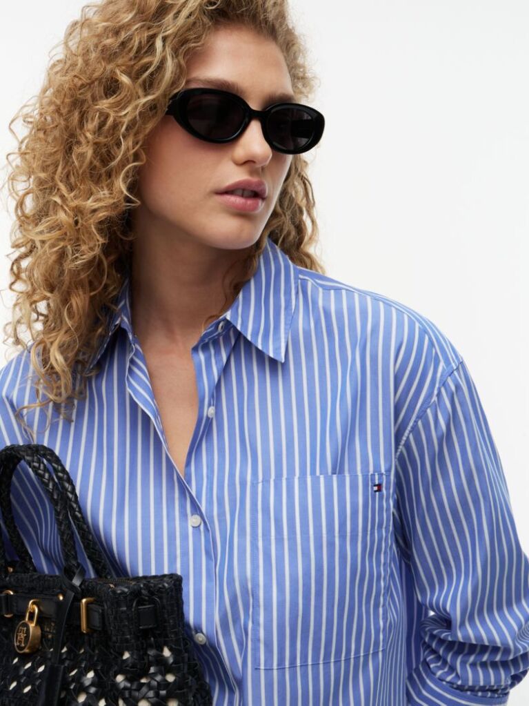 Multi Camasa Din Poplin Cu Croiala Oversized Dungi Si Tiv Shirttail  Femei