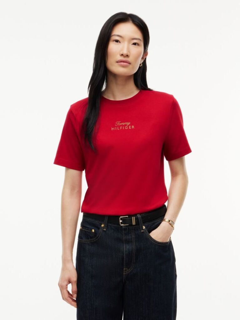 Red Logo Embroidery Crew Neck T-Shirt  Women