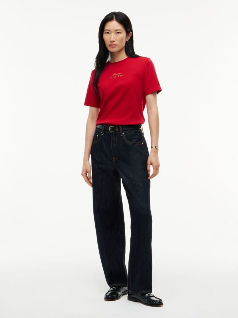 Red Logo Embroidery Crew Neck T-Shirt  Women