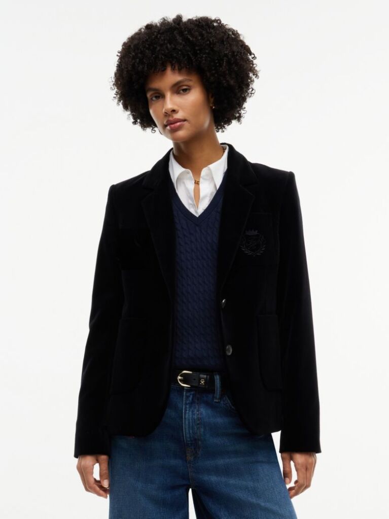 Black Regular Fit Crest Gold-Tone Button Velvet Blazer  Women