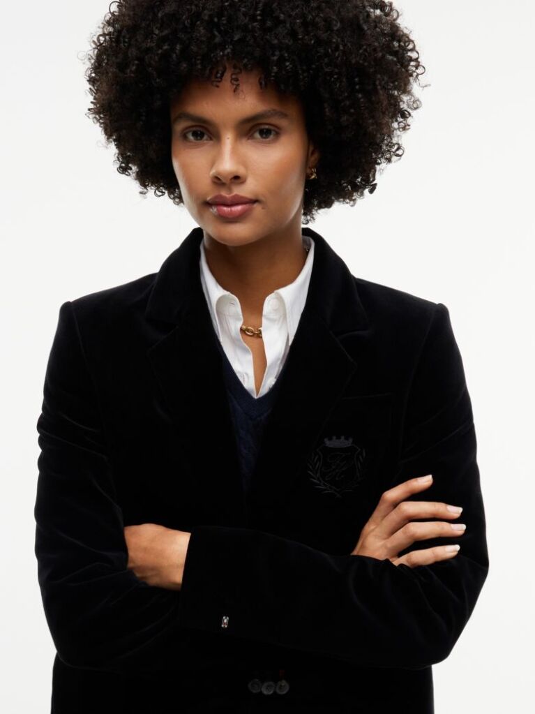 Black Regular Fit Crest Gold-Tone Button Velvet Blazer  Women