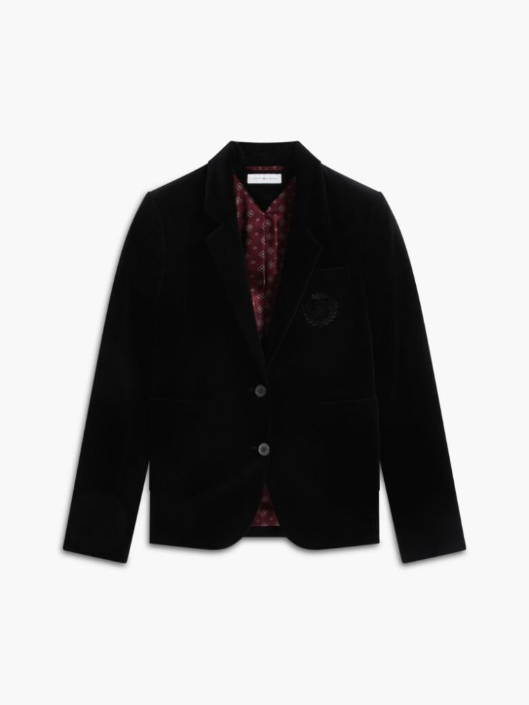 Black Regular Fit Crest Gold-Tone Button Velvet Blazer  Women