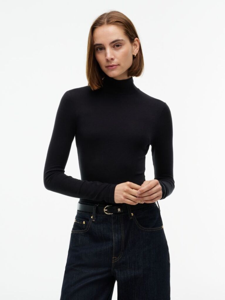 Negru Top Cu Maneca Lunga Croiala Slim Si Guler Rotund  Femei