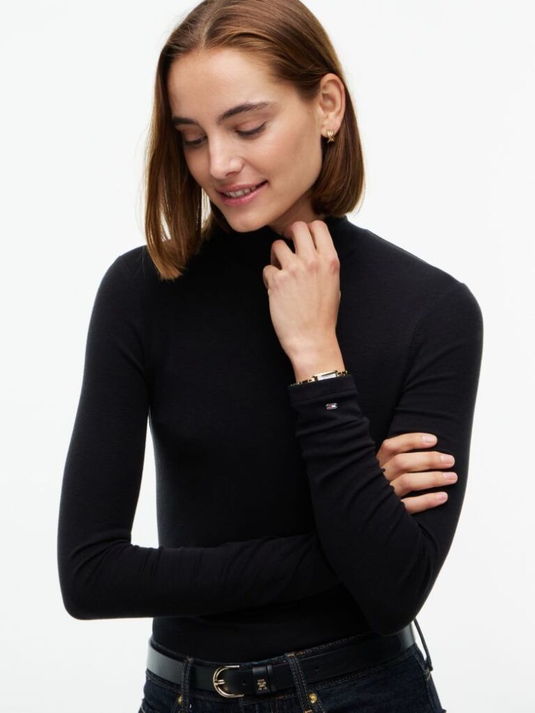 Negru Top Cu Maneca Lunga Croiala Slim Si Guler Rotund  Femei