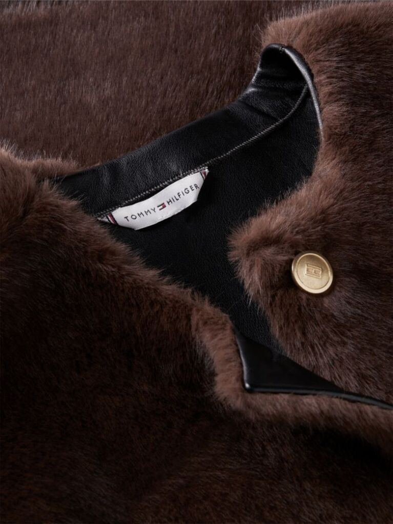 Brown Collarless Faux Fur Jacket  Women
